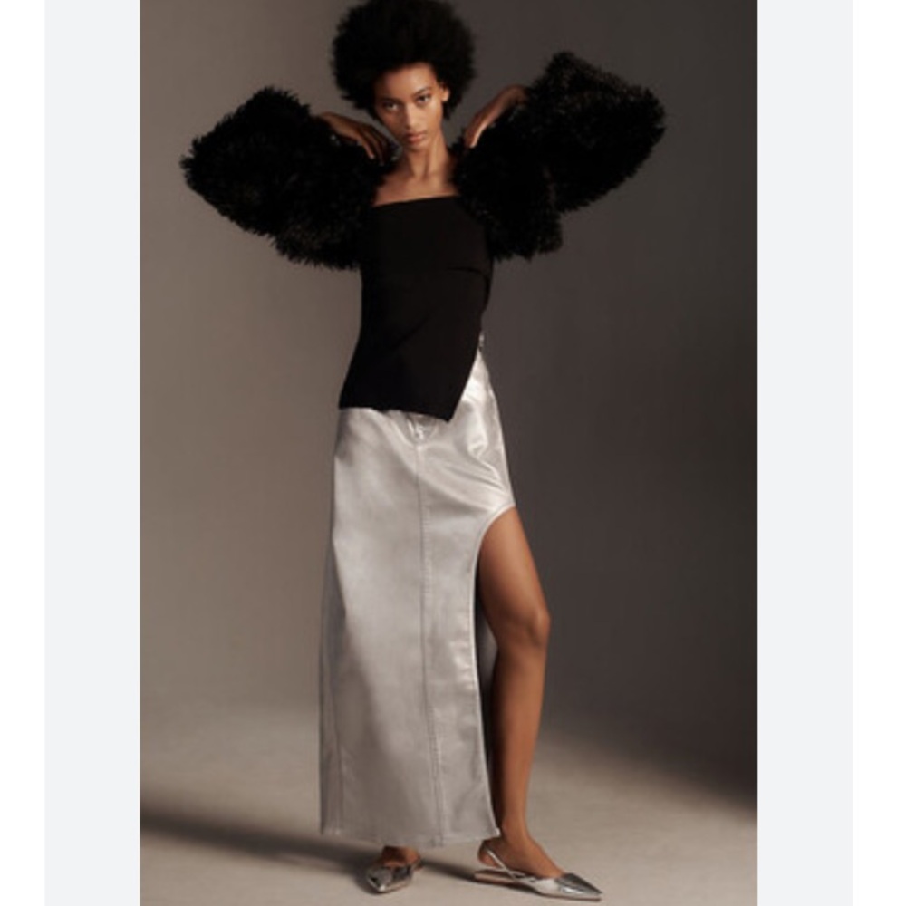 Anthropologie Silver Satin Maxi Skirt with High Slit